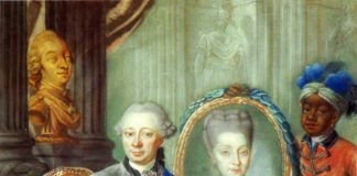 Heinrich Carl Schimmelmann en 1773, con su esposa y un esclavo doméstico.