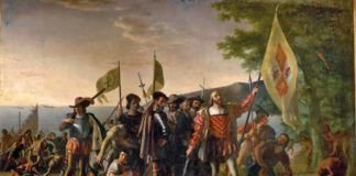Desembarco de Cristóbal Colón en América, por John Vanderlyn, 1847.