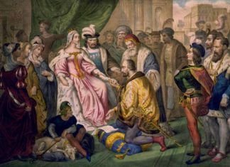 Cristóbal Colón ante los Reyes Católicos en la corte de Barcelona, en una litografía del siglo XIX.