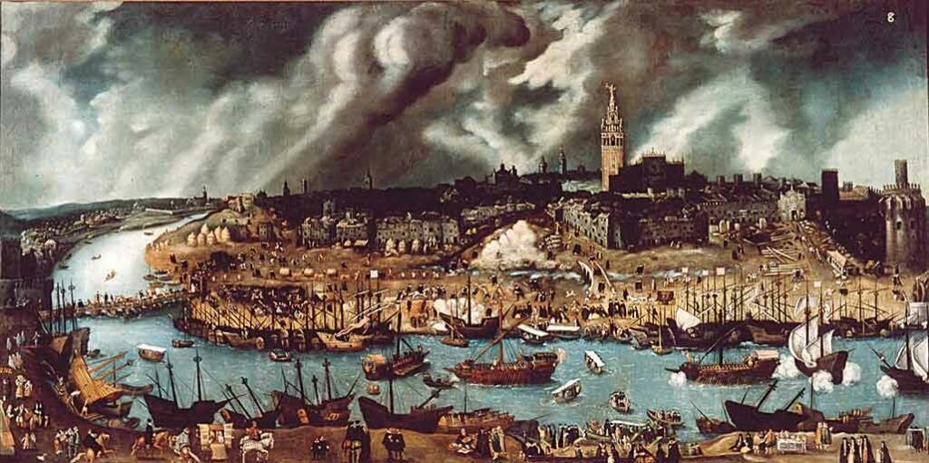 Vista general de Sevilla en 1588, por Alonso Sánchez Coello. La ciudad andaluza fue en el siglo XVI el puerto de salida hacia las Indias.