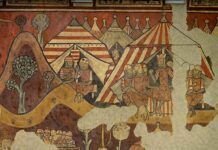 Pinturas murales de la conquista de Mallorca, maestro de la conquista de Mallorca, 1285-1290, hoy conservadas en el MNAC de Barcelona. A la derecha, el rey Jaime I conversa en su tienda con el obispo Berenguer de Palou.