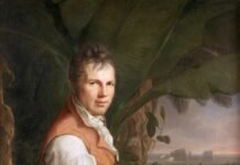 HUMBOLDT EN VENEZUELA, con la prensa de plantas sobre las piernas. Así imaginó el pintor F. G. Weitsch a su modelo cuando le retrató en 1806, a su vuelta a Europa.