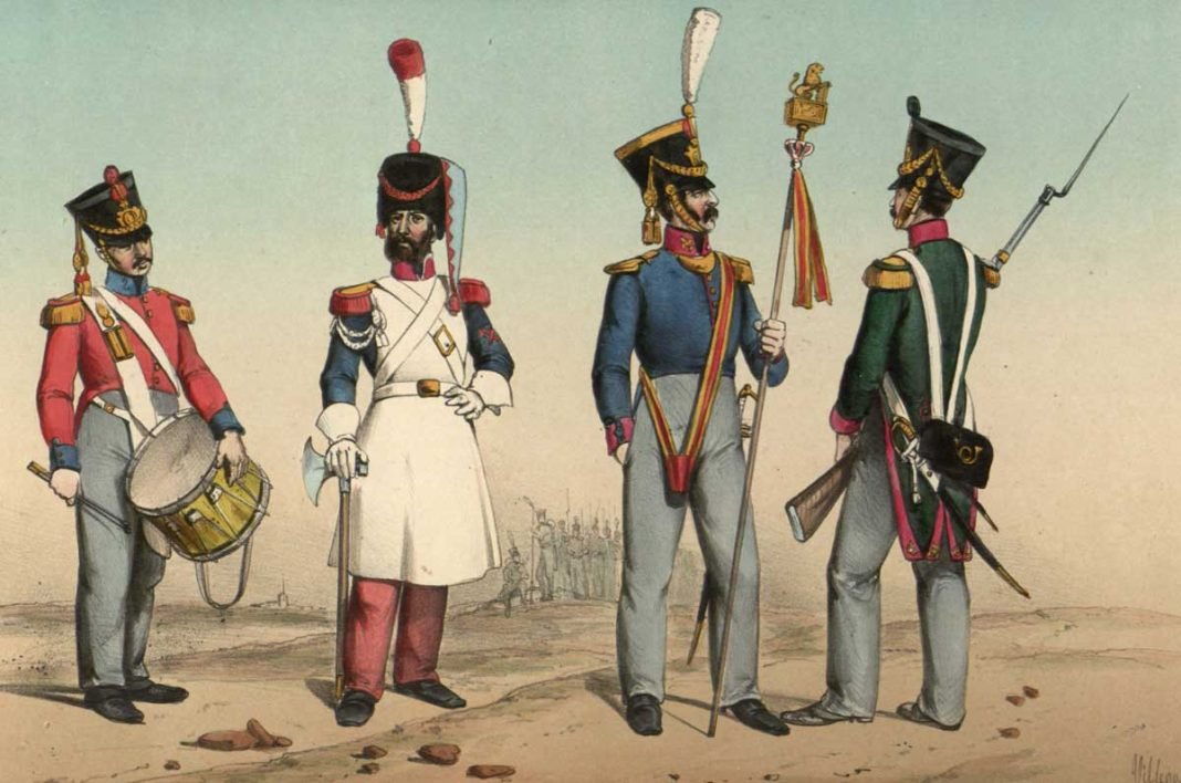 Dibujo de soldados de infantería españoles durante el periodo del Trienio Liberal, en 1820-1823.