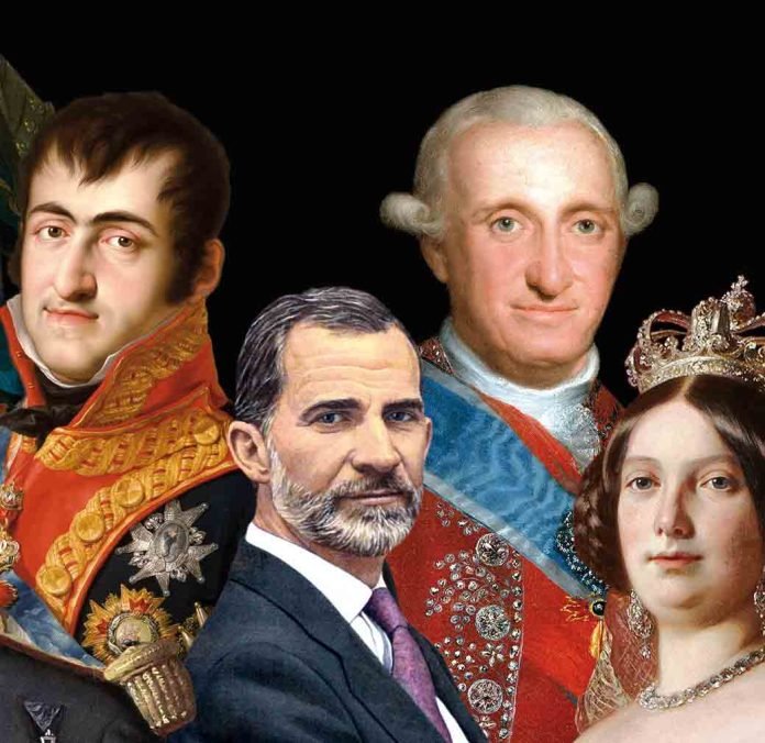 De izquierda a derecha, Fernando VII, Felipe VI, Carlos IV e Isabel II. De izquierda a derecha, Fernando VII, Felipe VI, Carlos IV e Isabel II.