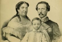 Retrato del príncipe Alfonso con una edad de unos siete años junto a su madre Isabel II y su padre Francisco de Asís de Borbón.