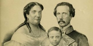 Retrato del príncipe Alfonso con una edad de unos siete años junto a su madre Isabel II y su padre Francisco de Asís de Borbón.