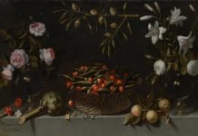 "Bodegón con floreros y cesta de guisantes y cerezas", por Juan Van Der Hamen, 1621.