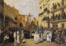 "La cofradía de Montserrat por la calle Génova", por Manuel Cabral Bejarano, Sevilla, 1862, Real Alcázar de Sevilla.