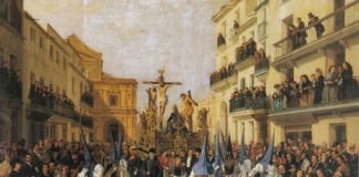 "La cofradía de Montserrat por la calle Génova", por Manuel Cabral Bejarano, Sevilla, 1862, Real Alcázar de Sevilla.
