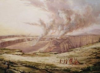 "El volcán Kilauea de día", por Titian Ramsay Peale, 1842, óleo sobre lienzo, Pauahi Bernice Bishop Museum.