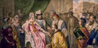 Cristóbal Colón ante los Reyes Católicos en la corte de Barcelona, en una litografía del siglo XIX.
