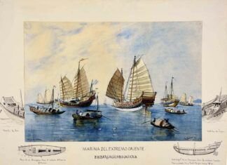 "Marina del Extremo Oriente. Embarcaciones chinas", Rafael Monleón, 1888, España, técnica mixta sobre papel, 48,7 x 62,8 cm.