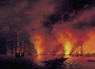"La batalla de Sinope", Guerra de Crimea, por I. Aivazovsky, 1856, óleo sobre lienzo, Museo Naval de San Petersburgo.