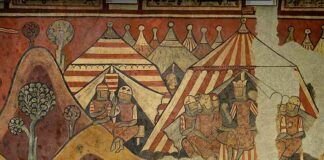 Pinturas murales de la conquista de Mallorca, maestro de la conquista de Mallorca, 1285-1290, hoy conservadas en el MNAC de Barcelona. A la derecha, el rey Jaime I conversa en su tienda con el obispo Berenguer de Palou.