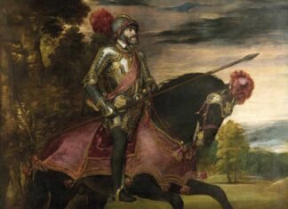 Carlos V en la batalla de Mühlberg, 1547, por Tiziano, Madrid, Museo del Prado. En ella, las tropas del emperador derrotaron a los rebeldes protestantes.