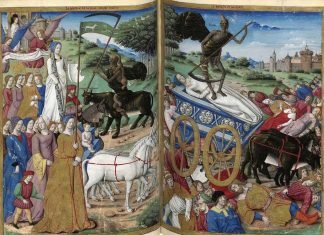 El carro de la muerte se lleva a las víctimas de la peste. Miniatura de un manuscrito francés de 1503, París, Biblioteca Nacional.