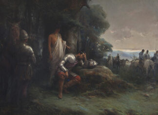 "La Noche Triste de Hernán Cortés", por Manuel Ramírez Ibáñez, 1890, óleo sobre lienzo 180 x 130 cm., fotografía de Santi Rodriguez, imagen propiedad de Museo de Bellas Artes de Badajoz (MUBA) (Extremadura, España).