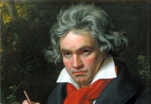 Retrato de Beethoven con la partitura de la “Missa Solemnis” (detalle), por Joseph Karl Stieler, 1820.