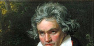 Retrato de Beethoven con la partitura de la “Missa Solemnis” (detalle), por Joseph Karl Stieler, 1820.