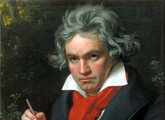 Retrato de Beethoven con la partitura de la “Missa Solemnis” (detalle), por Joseph Karl Stieler, 1820.