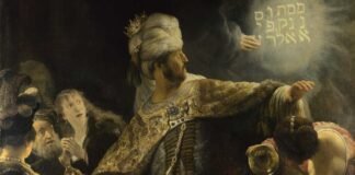 EL FESTÍN DE BALTASAR, por Rembrandt, hacia 1636, Londres, National Gallery.