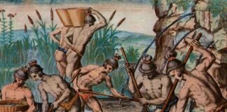 Modo de recoger oro en los riachuelos que bajan de los Apalaches, en un grabado de Theodor de Bry, publicado en Francfort en 1591