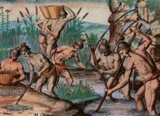 Modo de recoger oro en los riachuelos que bajan de los Apalaches, en un grabado de Theodor de Bry, publicado en Francfort en 1591