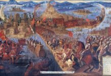 La toma de Tenochtitlan por Hernán Cortés y sus aliados mesoamericanos en 1521 acabó con el Imperio mexica.