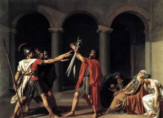 Divide y vencerás Pintura neoclásica de Jacques Louis David inspirada en la historia de los Horacios.