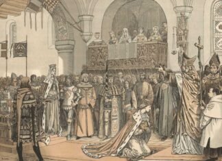 Ceremonia de coronación de Erik de Pomerania como rey de Suecia, Dinamarca y Noruega, por Rasmus Christiansen.