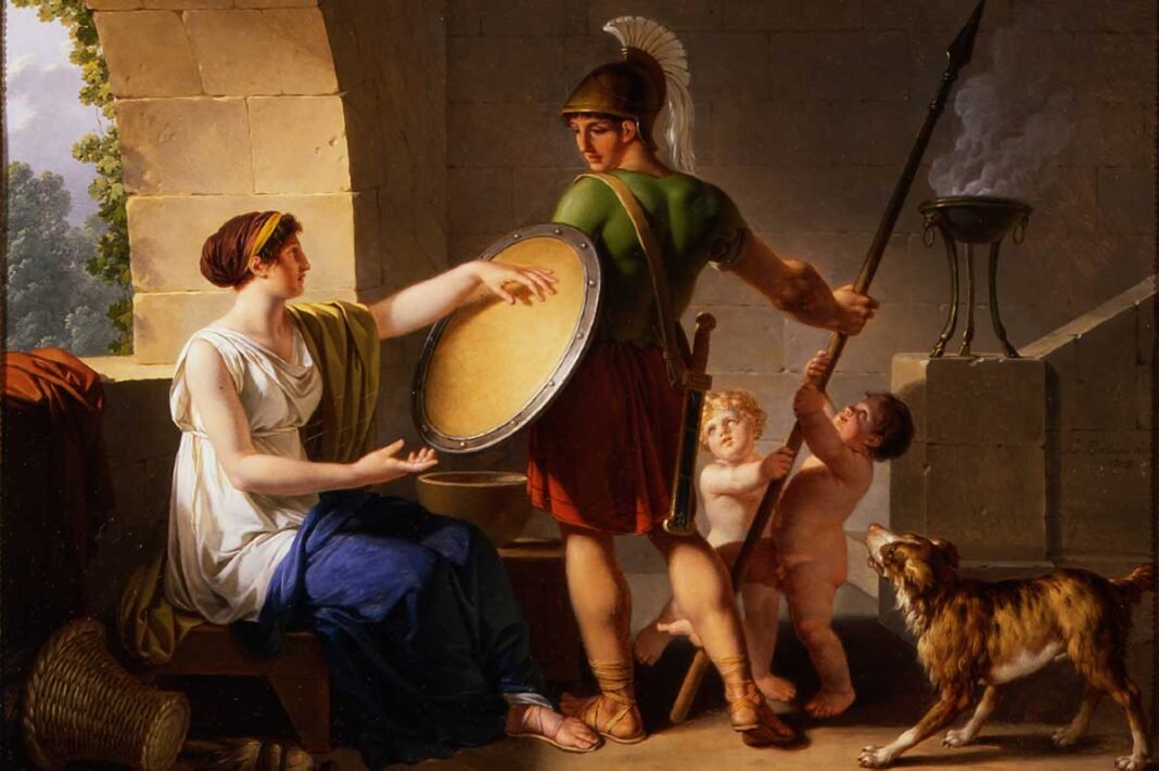 Mujer espartana le entrega un escudo a su hijo, por Jean-Jacques-François Le Barbier.