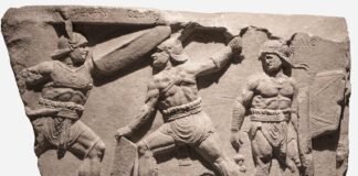 Relieve con combate de gladiadores, Roma, Vía Ostiense, finales del siglo I d.C.