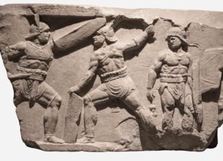Relieve con combate de gladiadores, Roma, Vía Ostiense, finales del siglo I d.C.
