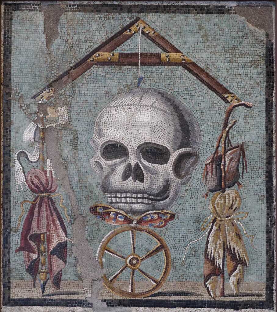 Memento mori en un mosaico de Pompeya, Museo Arqueológico de Nápoles.