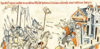 Representación de la BATALLA DE LIEGNITZ en las inmediaciones de la actual ciudad de Legnica (Silesia, Polonia), entre los ejércitos tártaros y una coalición de tropas europeas, el 9 de abril de 1241, saldada con la victoria tártara, según una miniatura del códice VIDA DE LA BEATA HEDWIGIS, siglo XIV.