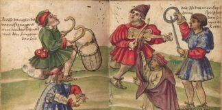 Un grupo de moriscos de granada cantando y bailando en una ilustración del Trachtenbuch de Weiditz.