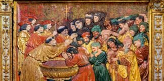 Bautismo de los moros de Granada, en uno de los paneles que componen el retablo de la Capilla Real de la catedral de esa ciudad, obra del escultor borgoñón Felipe Vigarny, 1521 (imagen retocada digitalmente).