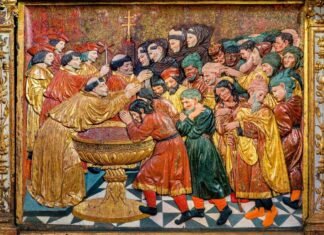 Bautismo de los moros de Granada, en uno de los paneles que componen el retablo de la Capilla Real de la catedral de esa ciudad, obra del escultor borgoñón Felipe Vigarny, 1521 (imagen retocada digitalmente).