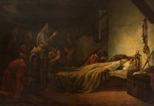 Muerte de Cristóbal Colón, por Francisco Ortego y Vereda, 1864. El Almirante falleció en Valladolid el 20 de mayo de 1506, rodeado de sus hijos Diego y Hernando y de sus hermanos Bartolomé y Diego.