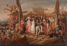 "Desembarco de Fernando VII en el Puerto de Santa María, Cádiz, 1823", pintura al óleo de José Aparicio Inglada, Madrid, Congreso de los Diputados.