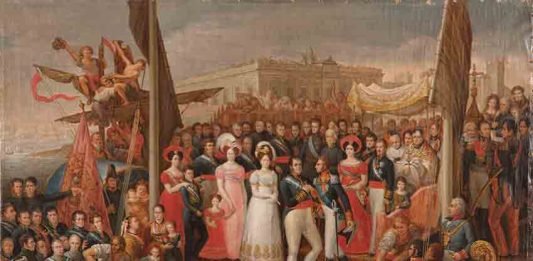"Desembarco de Fernando VII en el Puerto de Santa María, Cádiz, 1823", pintura al óleo de José Aparicio Inglada, Madrid, Congreso de los Diputados.