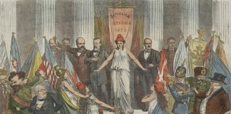 "Pese a quien pese, aquí la tienen ustedes", litografía de Tomás Padró publicada en "La Flaca" el 28 de marzo de 1873.