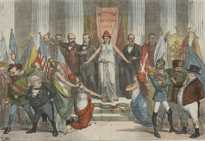 "Pese a quien pese, aquí la tienen ustedes", litografía de Tomás Padró publicada en "La Flaca" el 28 de marzo de 1873. "Pese a quien pese, aquí la tienen ustedes", litografía de Tomás Padró publicada en "La Flaca" el 28 de marzo de 1873.