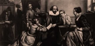 Shakespeare con su familia. A su derecha, su hijo Hamnet, fallecido a los once años.