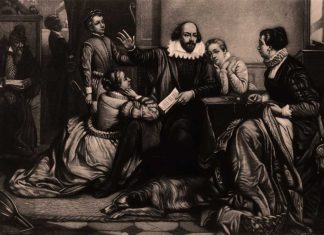 Shakespeare con su familia. A su derecha, su hijo Hamnet, fallecido a los once años.