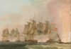 Explosión de la fragata "Nuestra Señora de las Mercedes", hundida cerca de Cádiz en 1804.