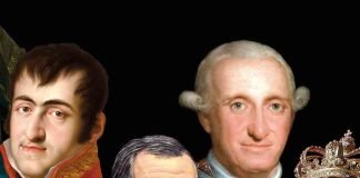 De izquierda a derecha, Fernando VII, Felipe VI, Carlos IV e Isabel II.