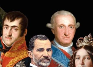 De izquierda a derecha, Fernando VII, Felipe VI, Carlos IV e Isabel II.