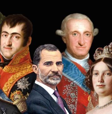 De izquierda a derecha, Fernando VII, Felipe VI, Carlos IV e Isabel II.