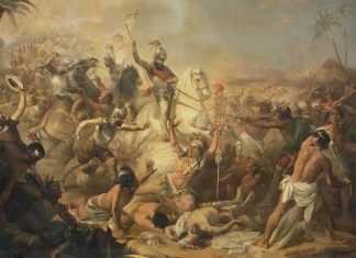 La batalla de Otumba, por Manuel Rodríguez de Guzmán, Museo de Bellas Artes de Boston. En el centro, Cortés lidera un ataque relámpago que derriba al cihuacoatl, mientras el abulense Juan de Salamanca se dispone a matarlo y arrebatarle el estandarte real.